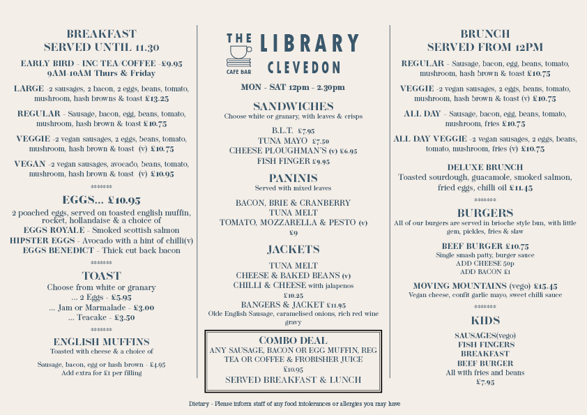 The Library Clevedon Day Menu Sep